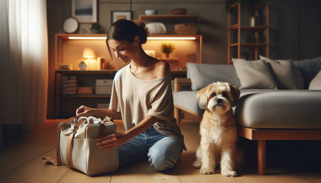 강아지 여행 준비물 체크를 위해 가방을 준비하는 보호자 모습