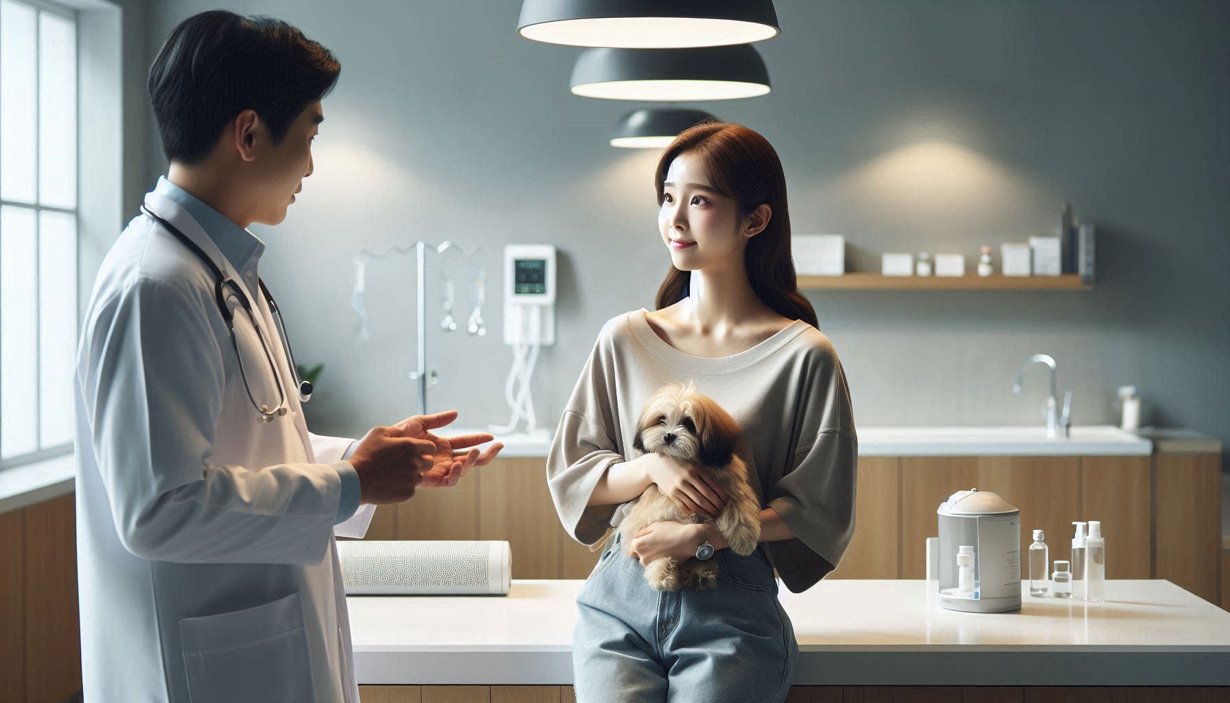 강아지 예방접종 비용을 확인하며 병원 상담을 진행하는 모습