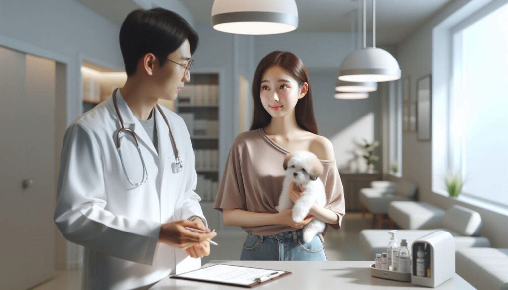 강아지 예방접종 비용 상담을 받는 보호자와 강아지 모습