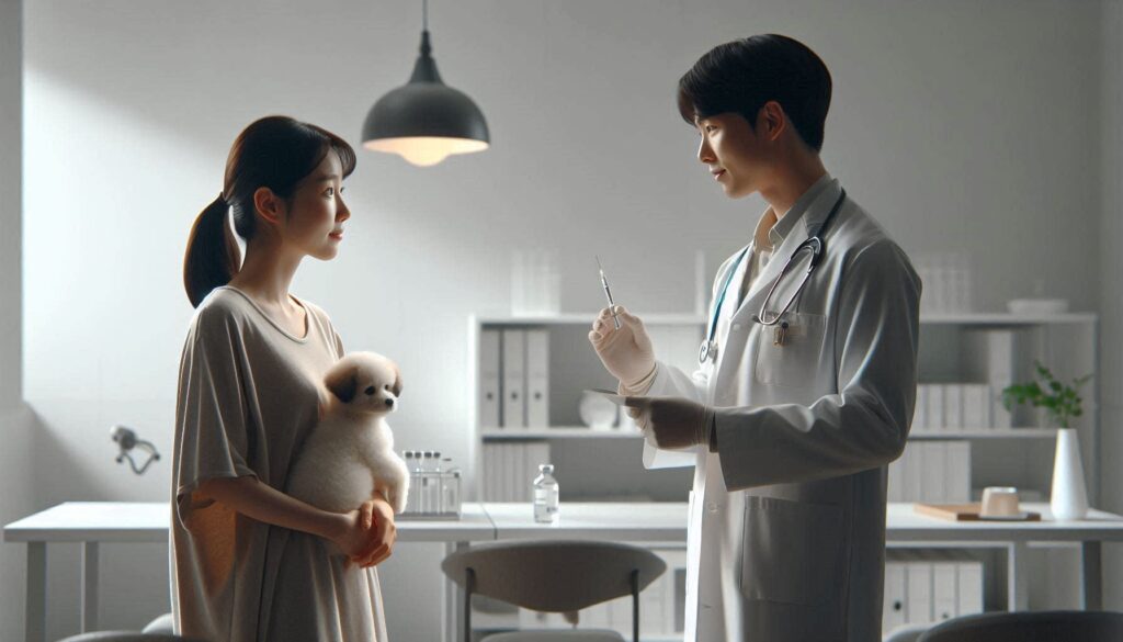 강아지 예방접종 비용 상담을 받는 보호자와 강아지 모습