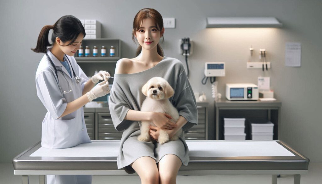 강아지 예방접종 시기를 설명하는 보호자와 강아지 모습