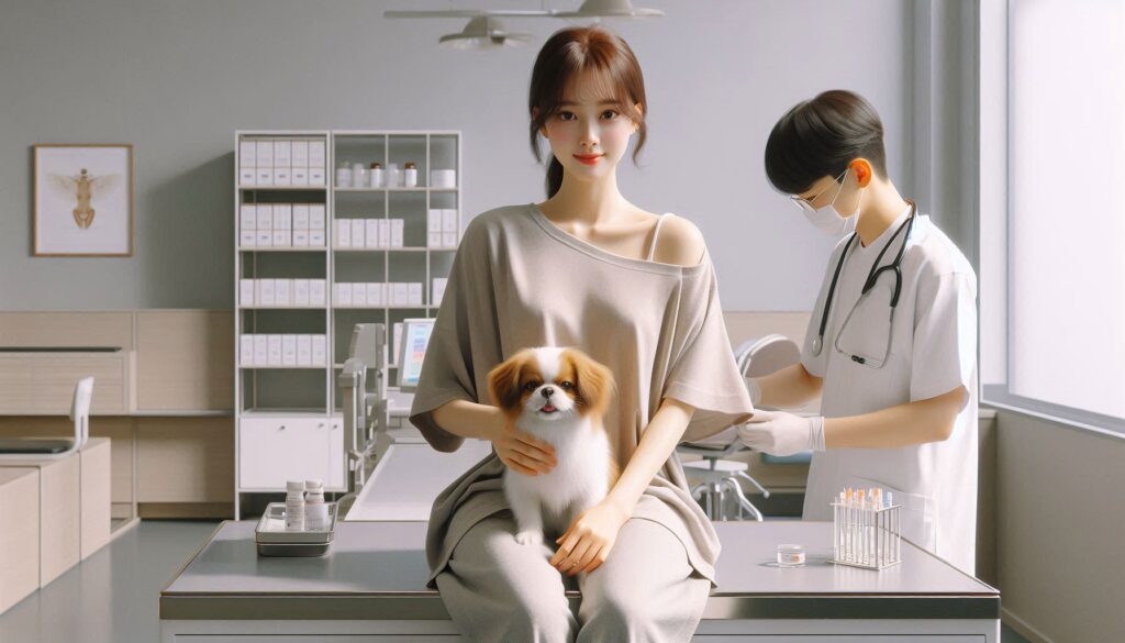 강아지 예방접종 시기를 설명하는 보호자와 강아지 모습