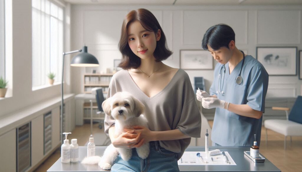 강아지 예방접종 시기를 설명하는 보호자와 강아지 모습