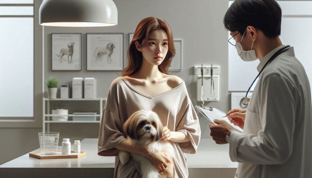 강아지 병원비 상담을 받는 보호자와 강아지 모습