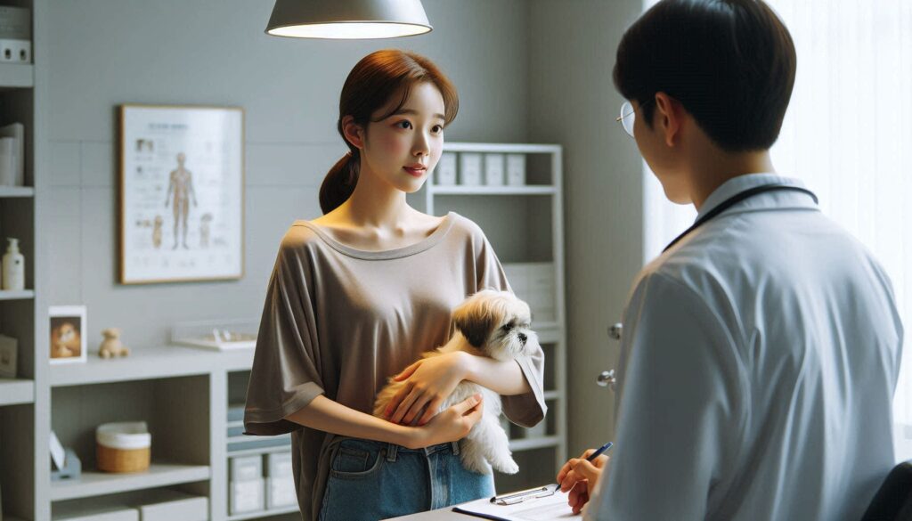 강아지 병원비 상담을 받는 보호자와 강아지 모습
