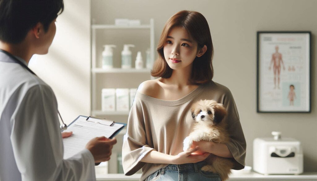 강아지 병원비 상담을 받는 보호자와 강아지 모습