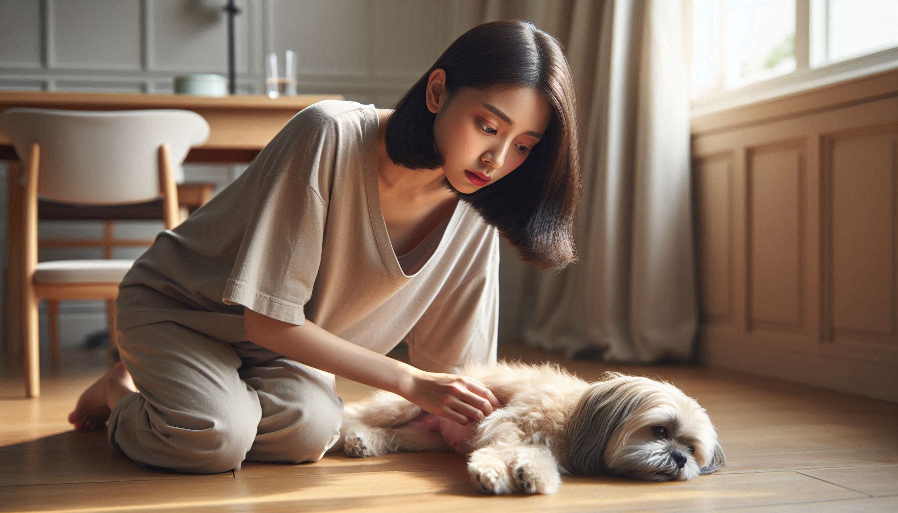 강아지가 토하는 이유를 몰라 걱정하는 여성의 모습