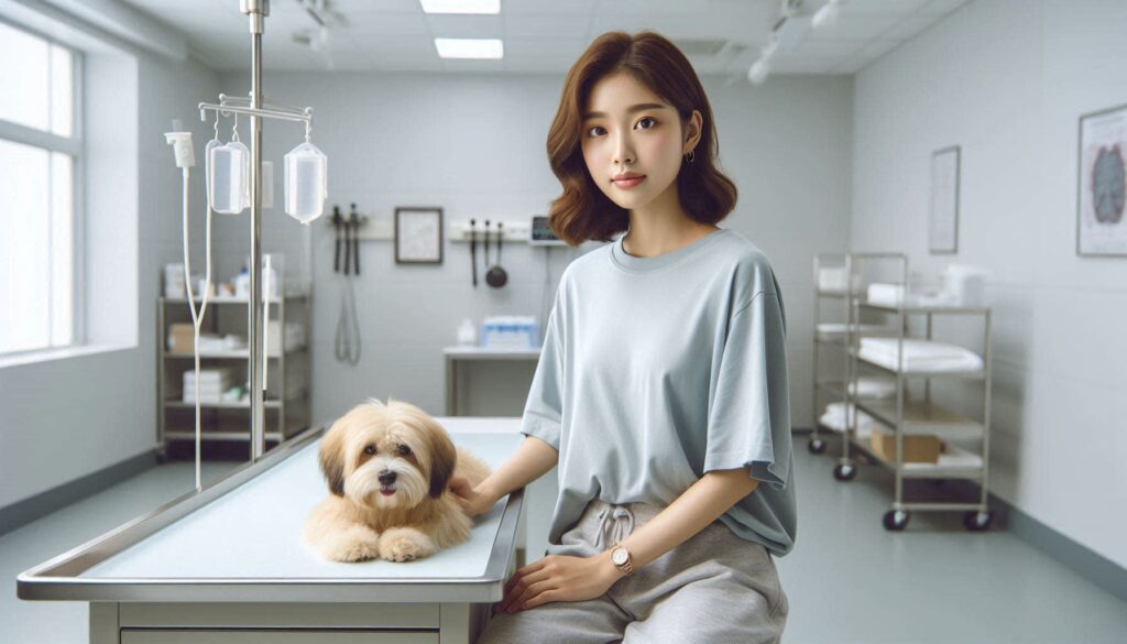 강아지 구토 계속할 때 병원 기준 상담을 위해 동물병원에서 보호자가 강아지를 안고 있는 모습