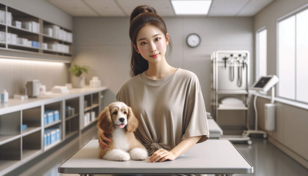 강아지 구토 계속할 때 병원 기준 상담을 위해 동물병원에서 보호자가 강아지를 안고 있는 모습