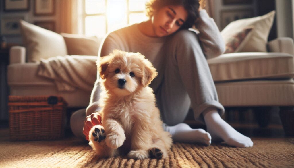 거실 바닥에서 보호자 옆에 앉아 뒷다리로 몸을 긁는 강아지의 모습