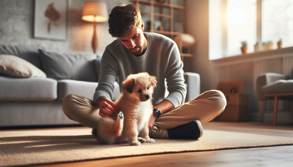 거실 바닥에서 보호자 옆에 앉아 뒷다리로 몸을 긁는 강아지의 모습