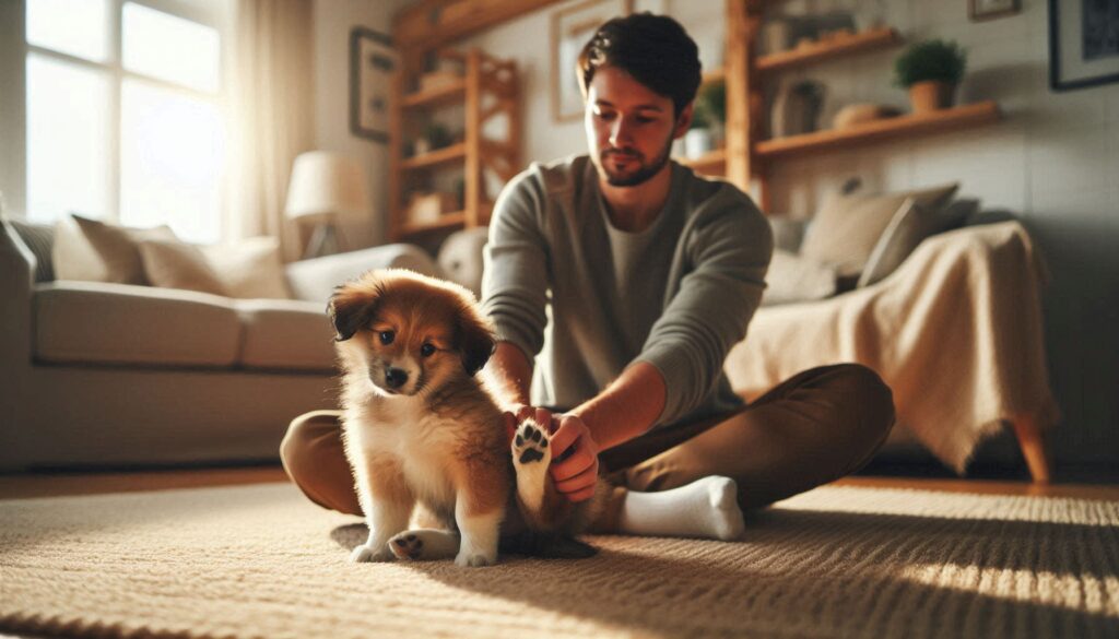 거실 바닥에서 보호자 옆에 앉아 뒷다리로 몸을 긁는 강아지의 모습