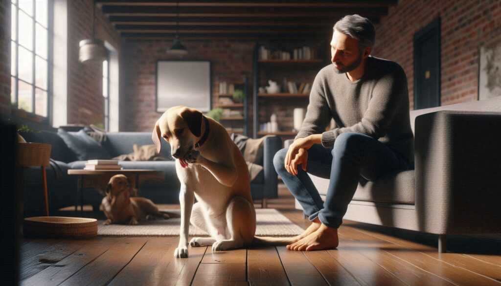 거실 바닥에서 앉아 앞발을 계속 핥고 있는 강아지와 지켜보는 보호자