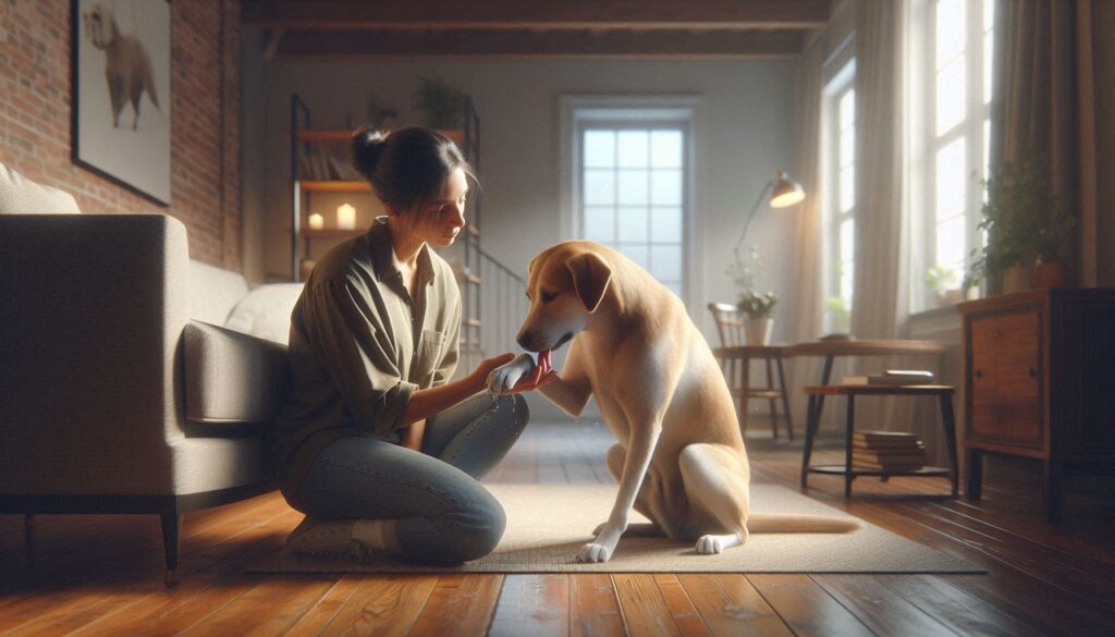거실 바닥에서 앉아 앞발을 계속 핥고 있는 강아지와 지켜보는 보호자