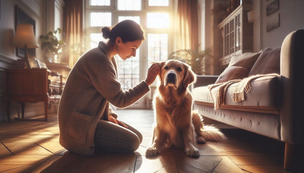 보호자가 강아지 귀를 부드럽게 확인하는 장면