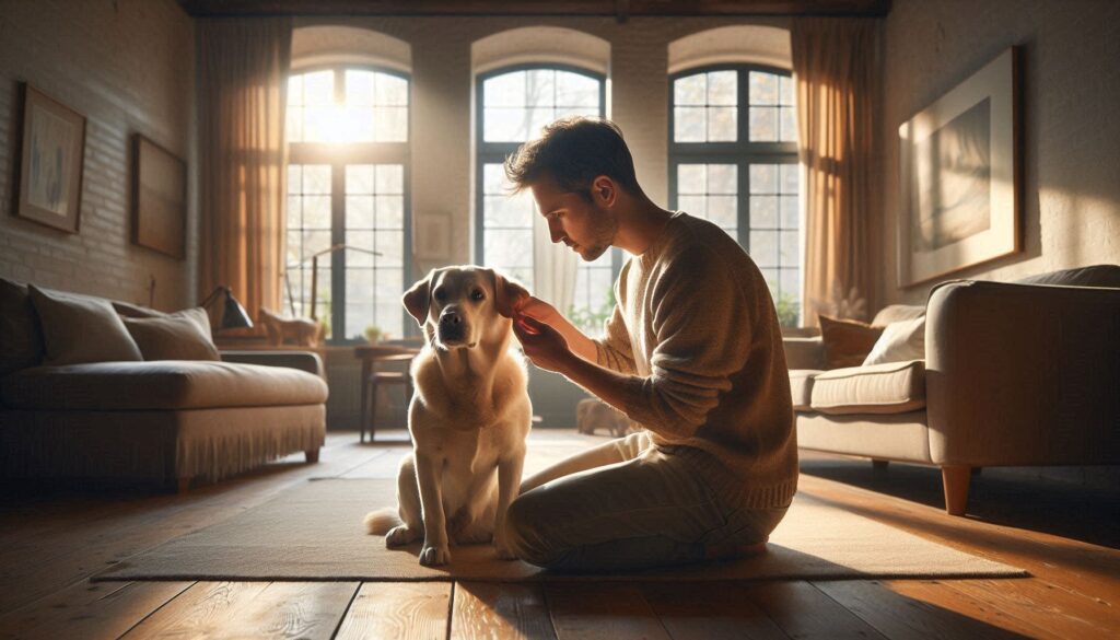 보호자가 강아지 귀를 부드럽게 확인하는 장면