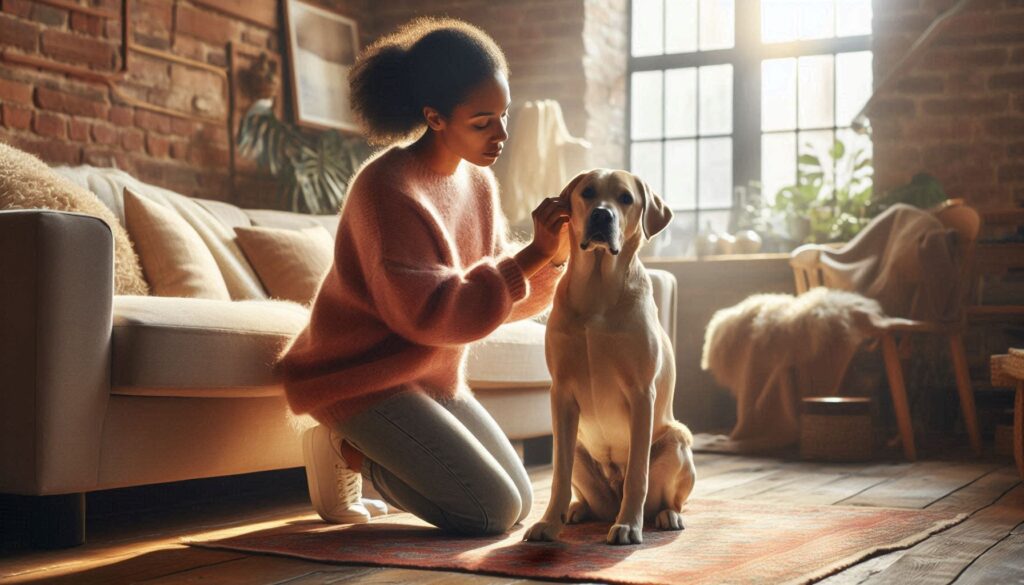 보호자가 강아지 귀를 부드럽게 확인하는 장면