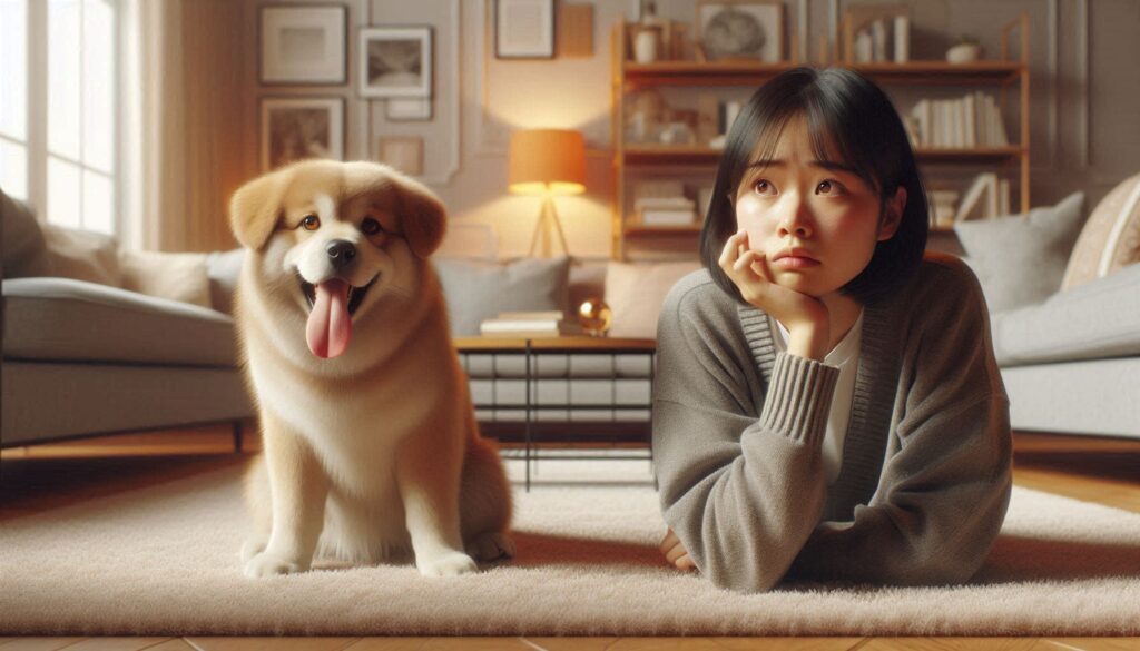 실내에서 강아지가 혀를 내밀고 헥헥거리며 앉아 있는 모습