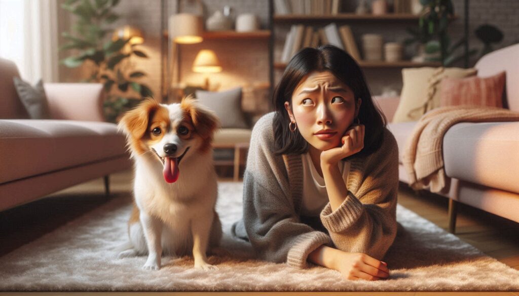 실내에서 강아지가 혀를 내밀고 헥헥거리며 앉아 있는 모습