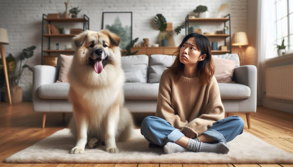 실내에서 강아지가 혀를 내밀고 헥헥거리며 앉아 있는 모습