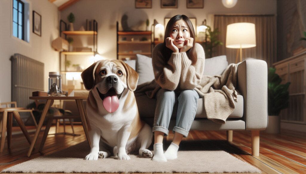 실내에서 강아지가 혀를 내밀고 헥헥거리며 앉아 있는 모습