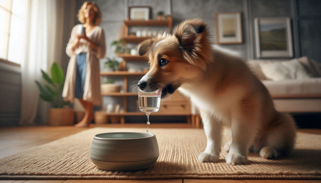 집에서 물그릇 앞에서 계속 물을 마시는 강아지