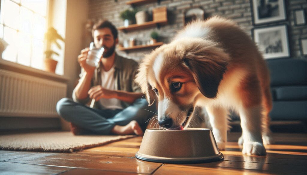 집에서 물그릇 앞에서 계속 물을 마시는 강아지