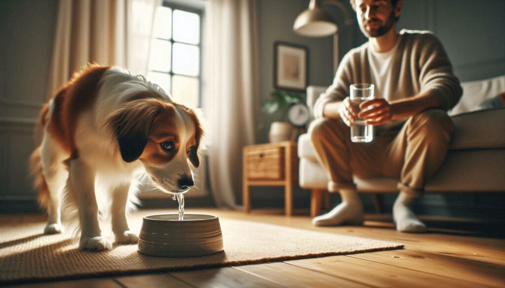 집에서 물그릇 앞에서 계속 물을 마시는 강아지