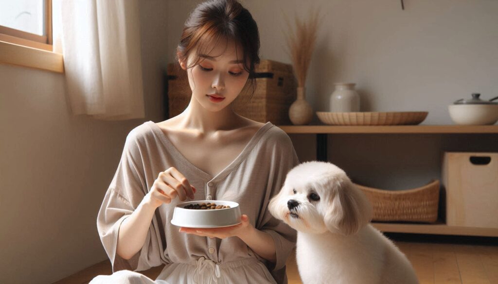 강아지 알러지 사료 추천 기준을 확인하며 사료를 급여하는 보호자 모습