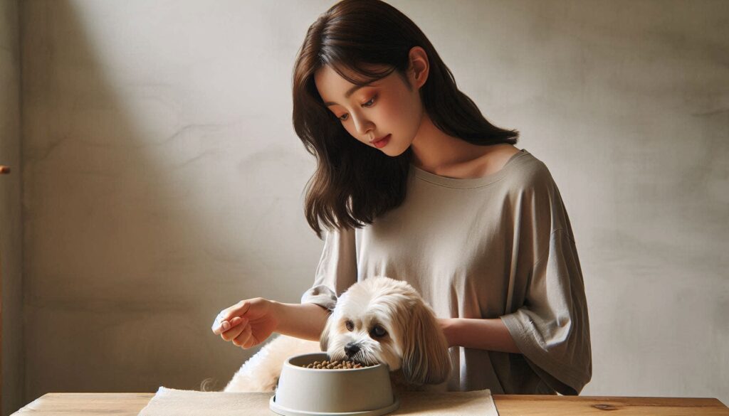 강아지 알러지 사료 추천 기준을 확인하며 사료를 급여하는 보호자 모습