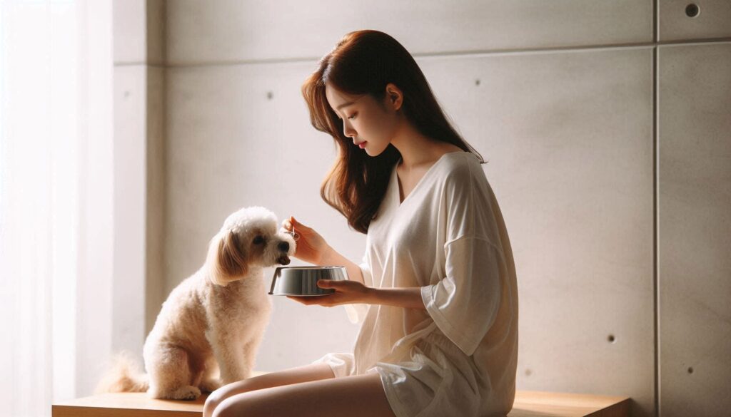 강아지 알러지 사료 추천 기준을 확인하며 사료를 급여하는 보호자 모습