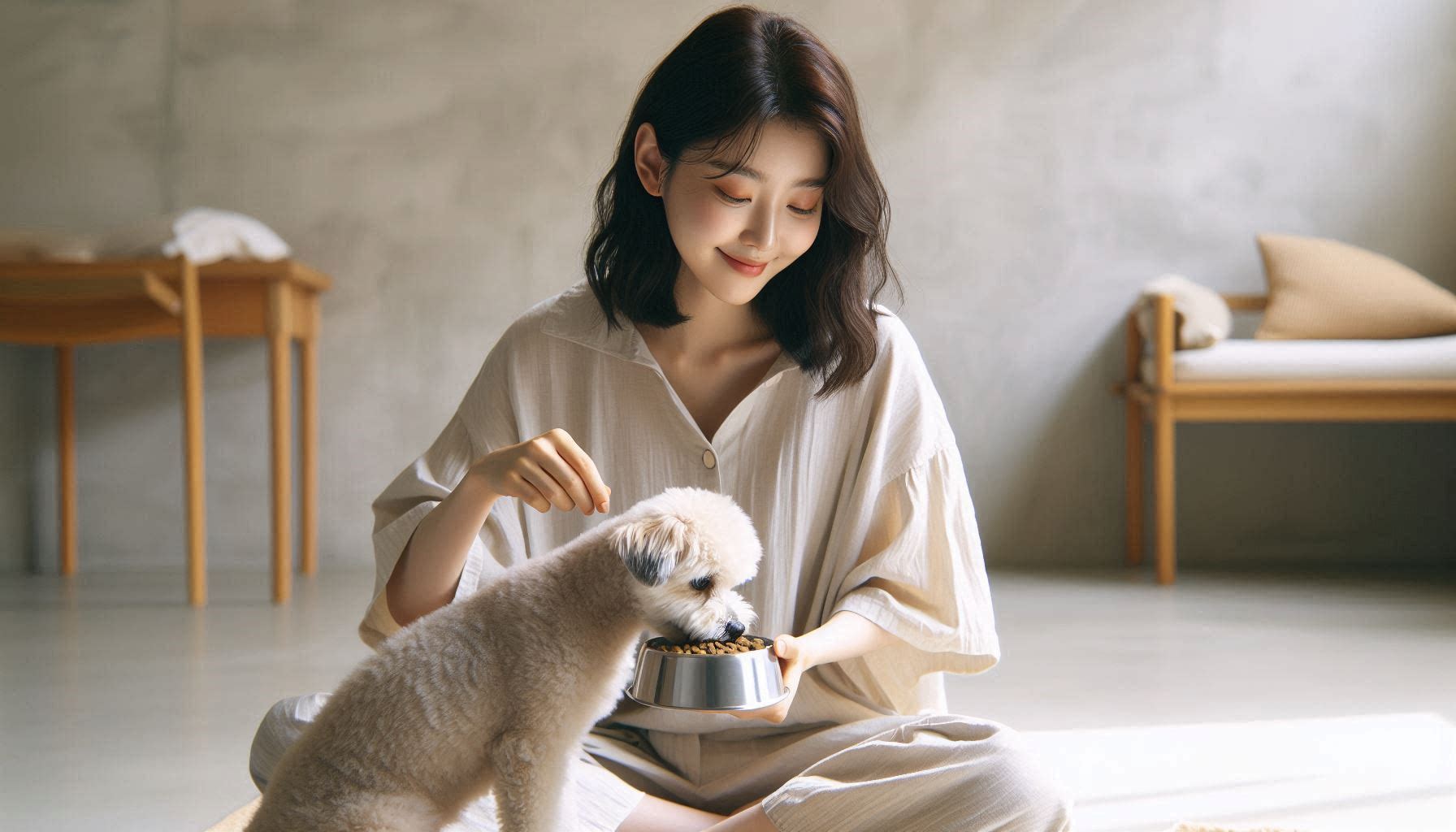 강아지 다이어트 사료 선택 방법에 따라 칼로리와 성분을 확인하며 사료를 고르는 모습