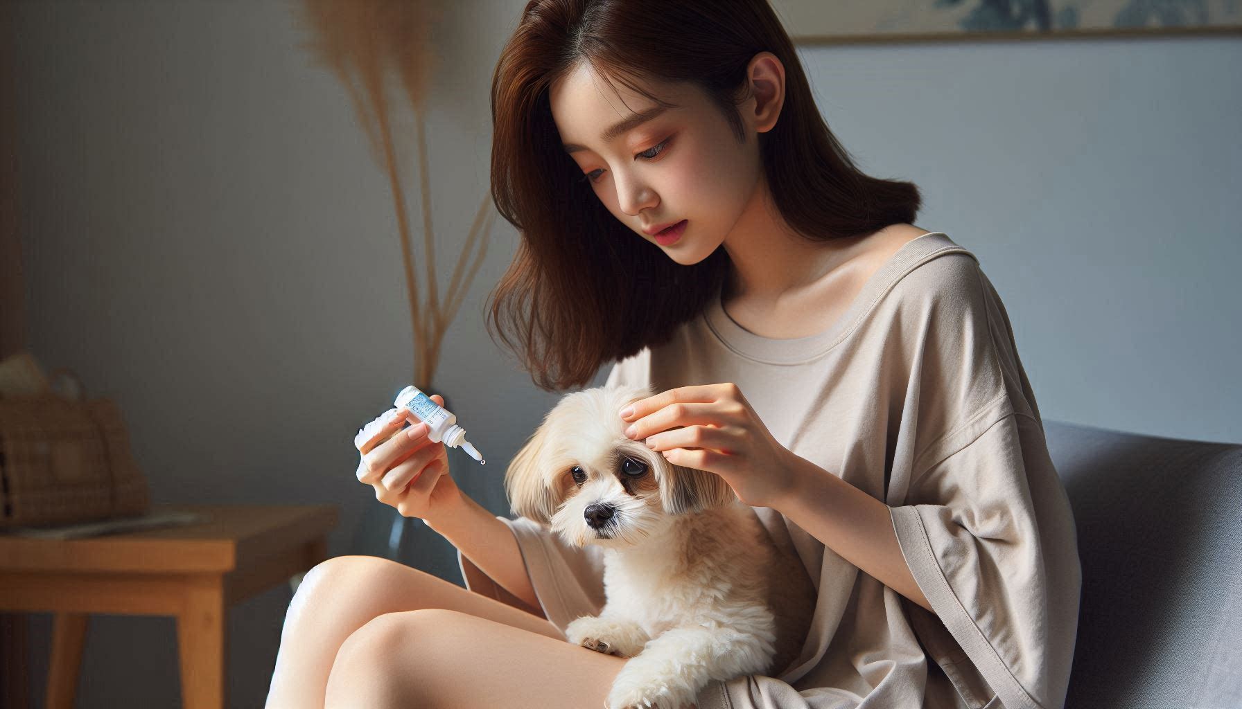 강아지 안약 사용법과 주의사항에 따라 눈에 약을 넣고 상태를 확인하는 모습