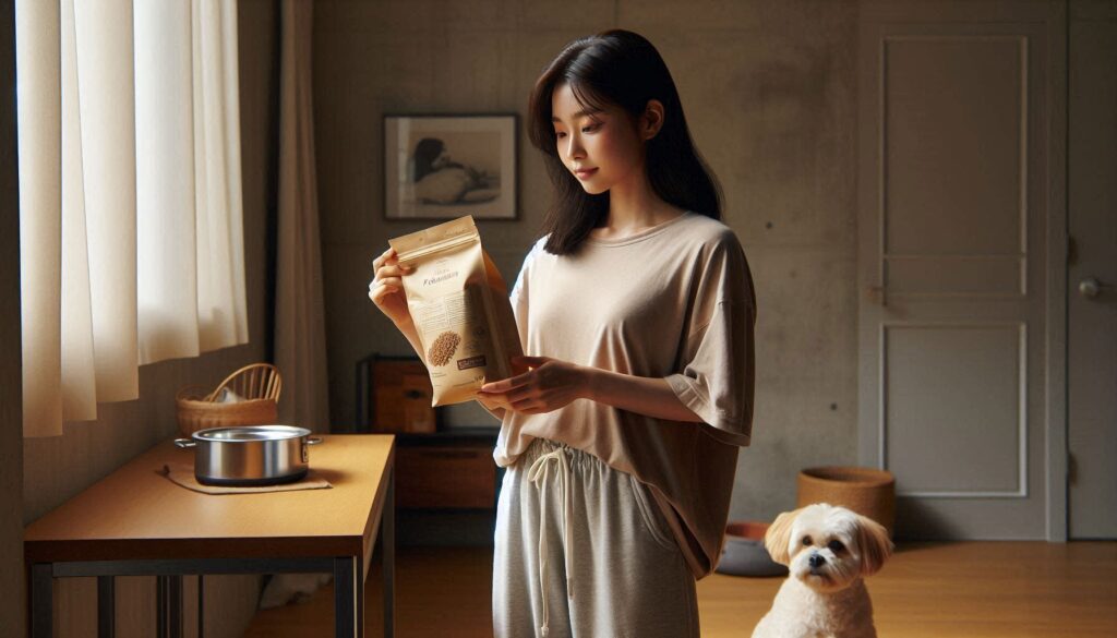 강아지 사료 기준을 확인하는 보호자의 모습