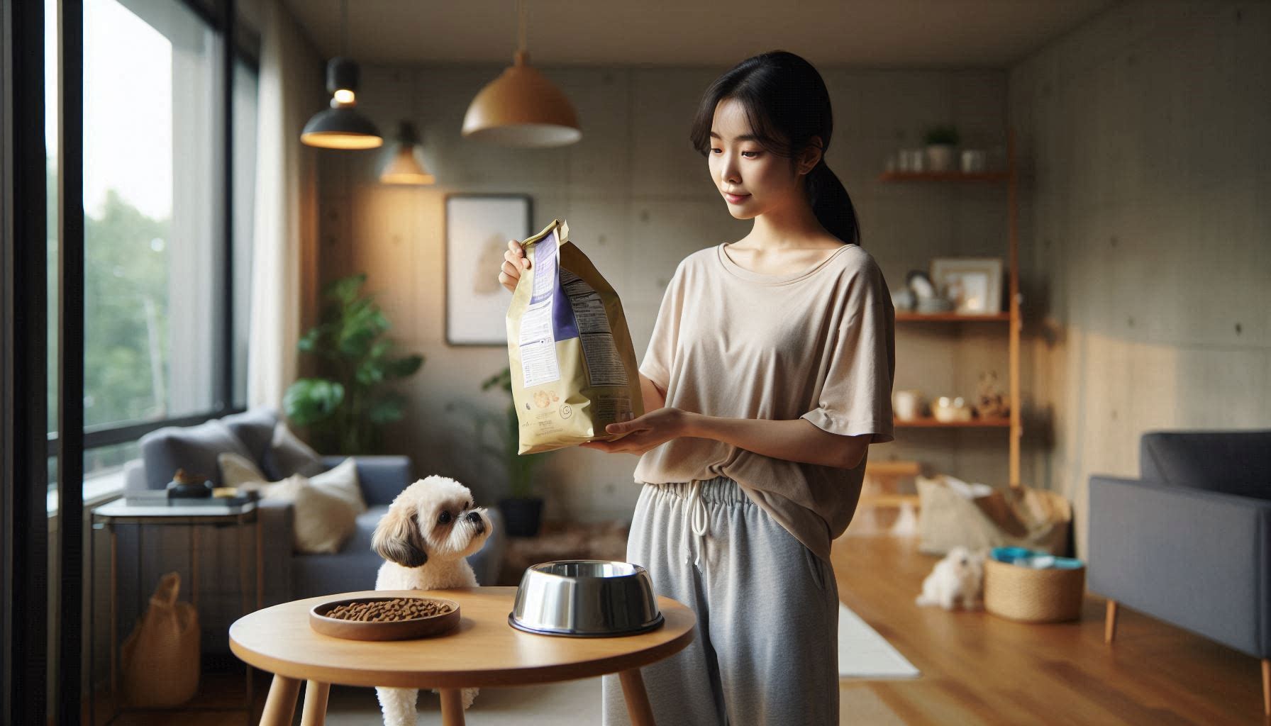 강아지 사료 브랜드 비교를 위해 여러 브랜드 사료 포장을 놓고 성분표를 비교하는 모습