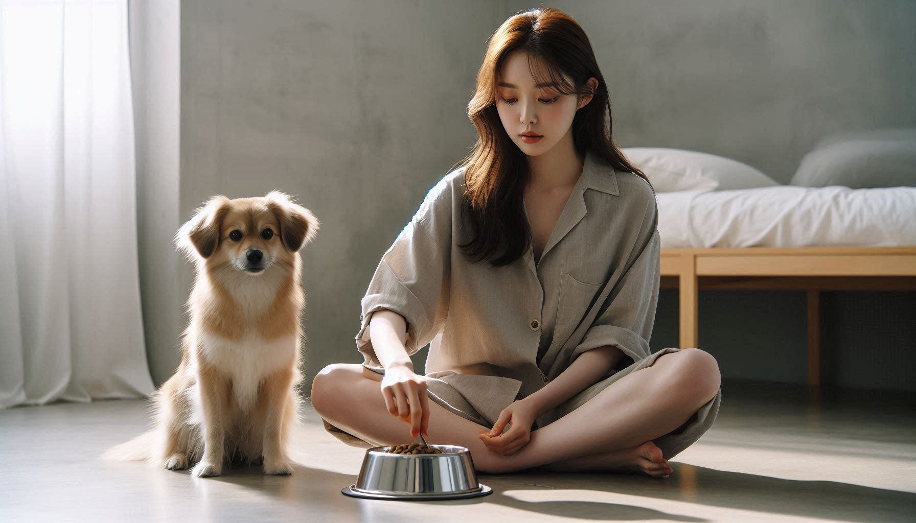 강아지 사료 바꾸는 시기에 따라 기존 사료와 새 사료를 섞어 점차 전환하는 모습