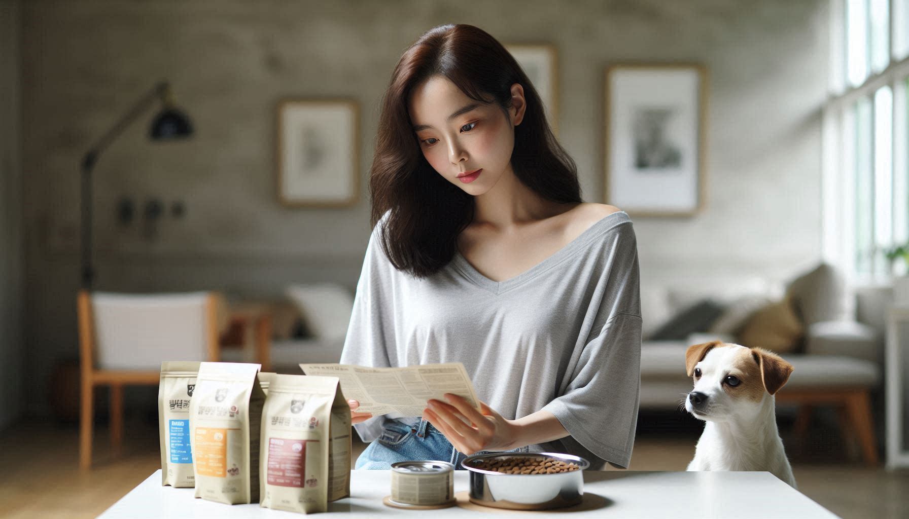 강아지 고급 사료와 일반 사료를 나란히 놓고 원재료와 영양 성분을 비교하는 모습