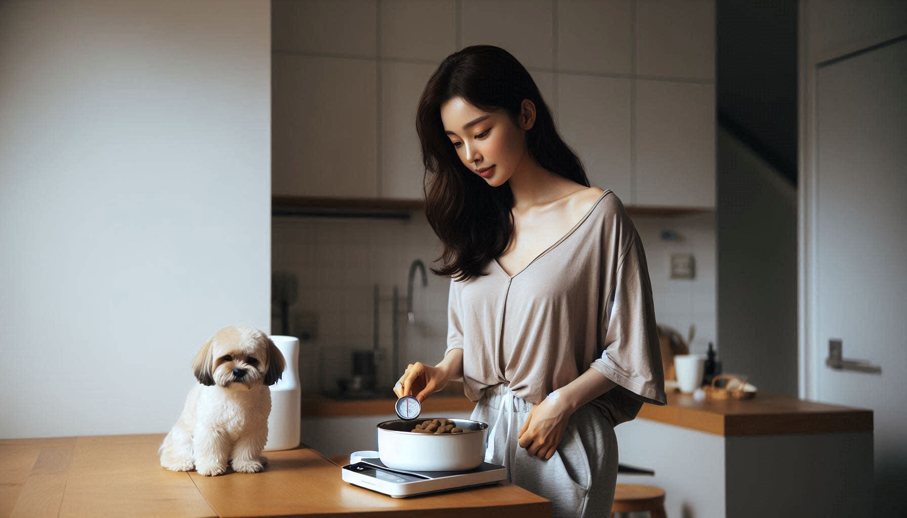 강아지 사료 급여량 계산 방법에 따라 체중과 나이를 기준으로 사료를 계량하는 모습