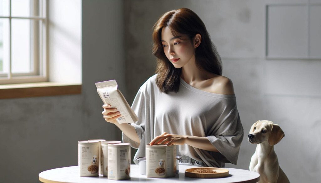 강아지 사료 단백질 원료 차이를 확인하는 장면
