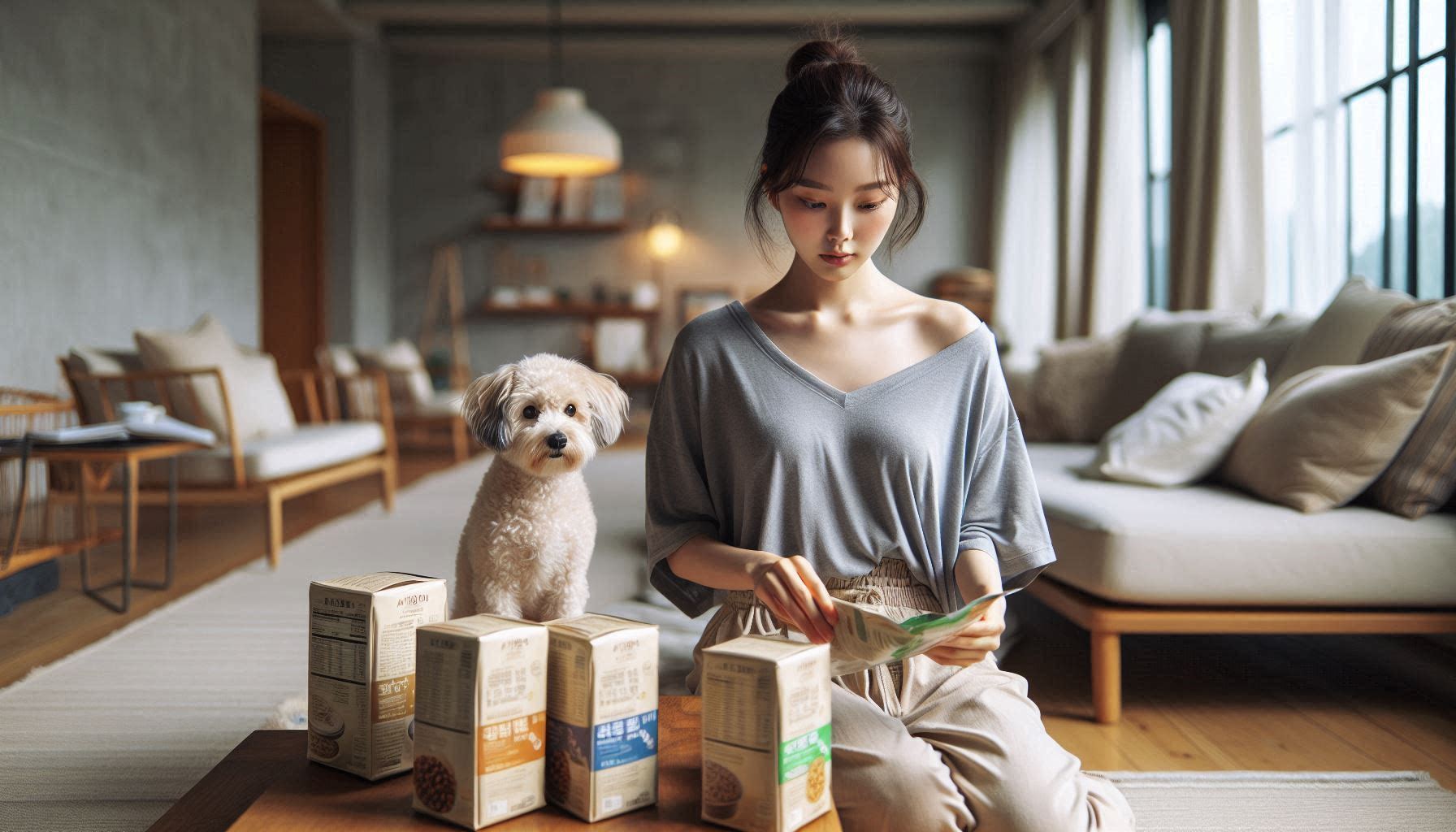 강아지 사료 고르는 방법에 따라 성분과 급여량을 확인하며 사료를 선택하는 모습