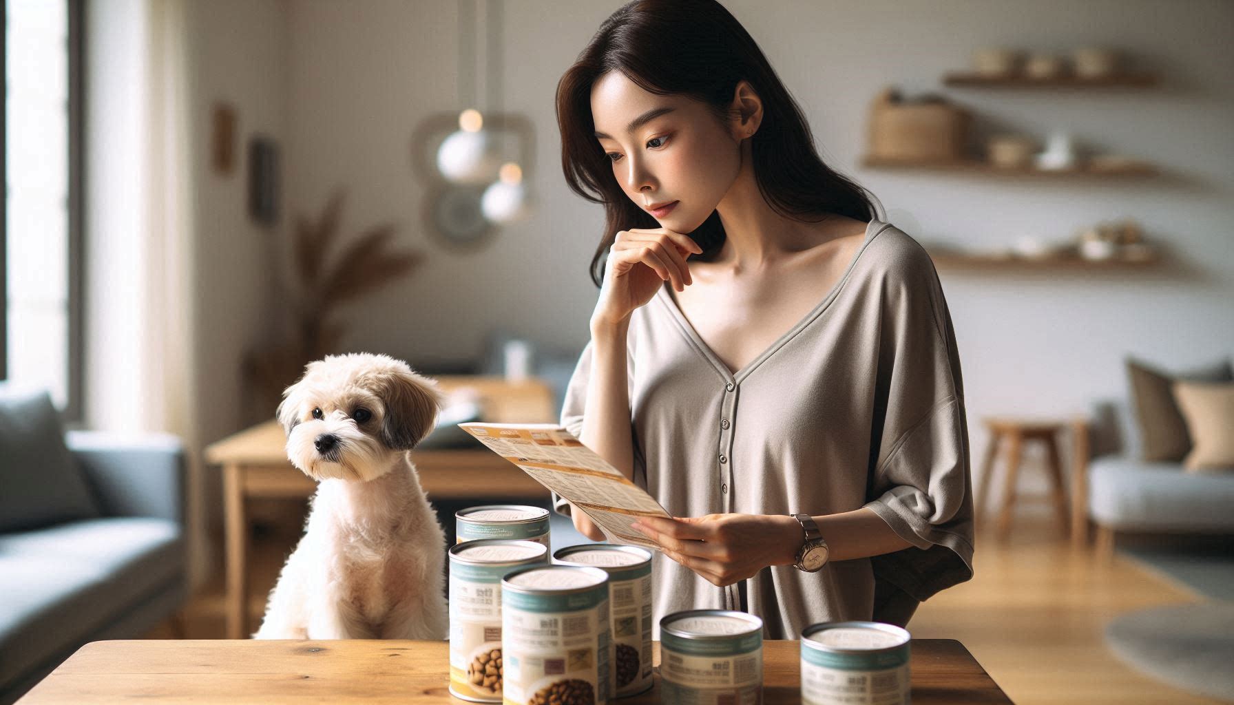 강아지 연령별 사료 선택 방법에 따라 강아지 나이와 체중에 맞는 사료를 고르는 모습