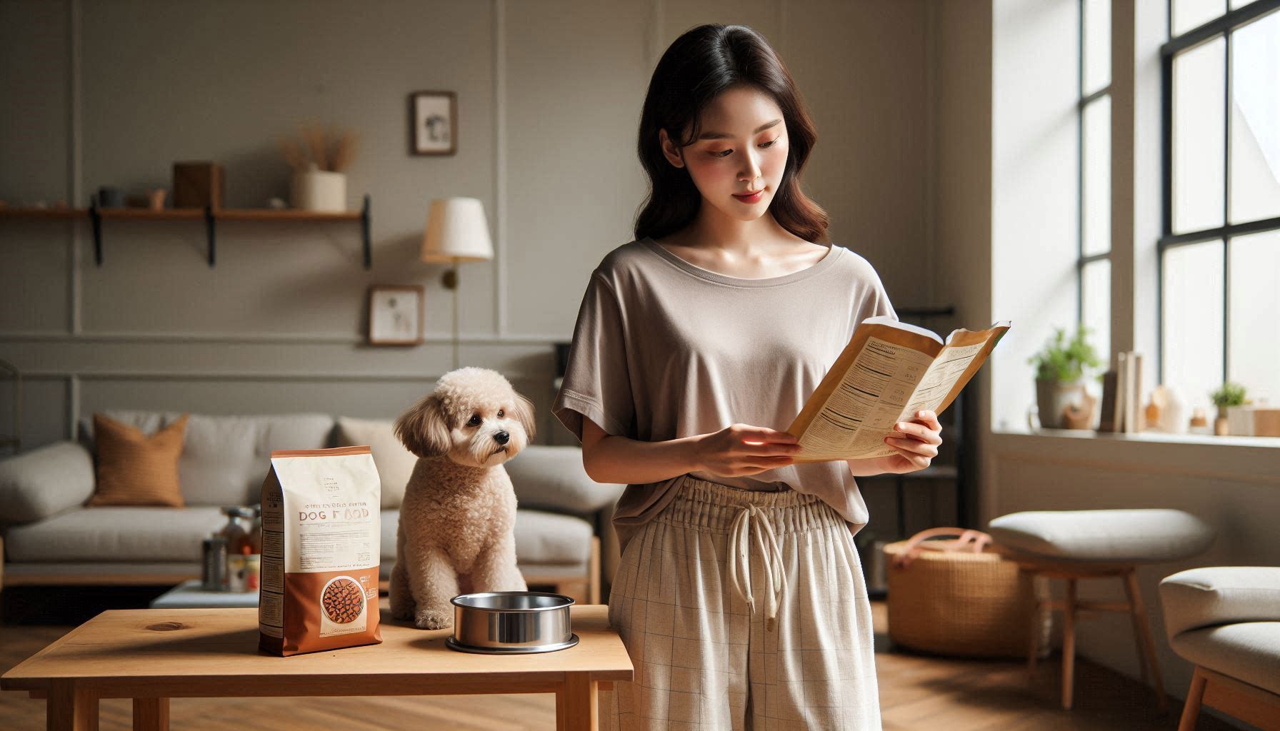 강아지 사료 추천 기준에 맞춰 성분과 영양을 확인하며 사료를 선택하는 모습