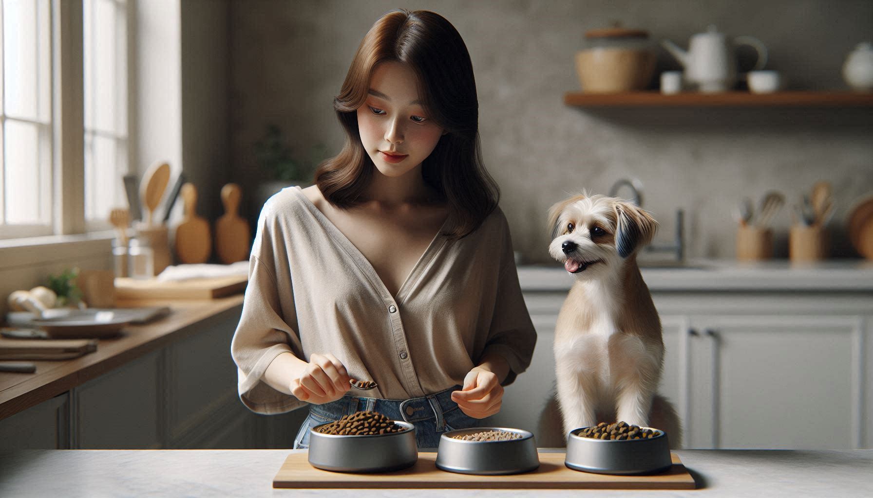 강아지 자연식과 사료를 나란히 놓고 성분과 급여 방식을 비교하는 모습