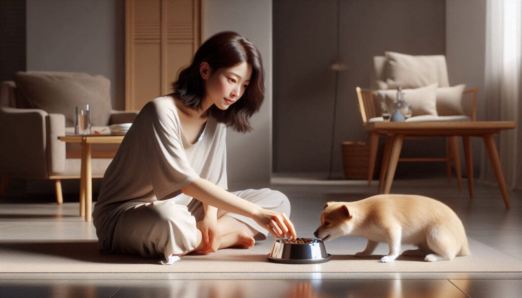 강아지 사료 안 먹을 때 해결 방법을 적용하는 보호자 모습