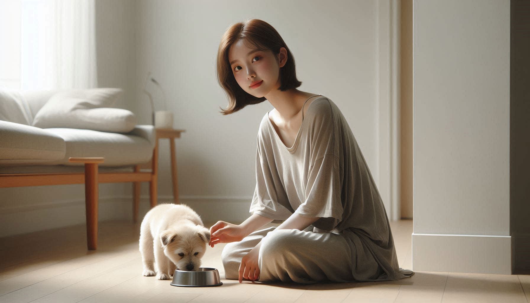 강아지 사료를 안 먹을 때 해결 방법으로 맛과 식사 환경을 조절하며 급여하는 모습