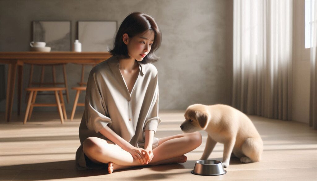 강아지 사료 안 먹을 때 해결 방법을 적용하는 보호자 모습