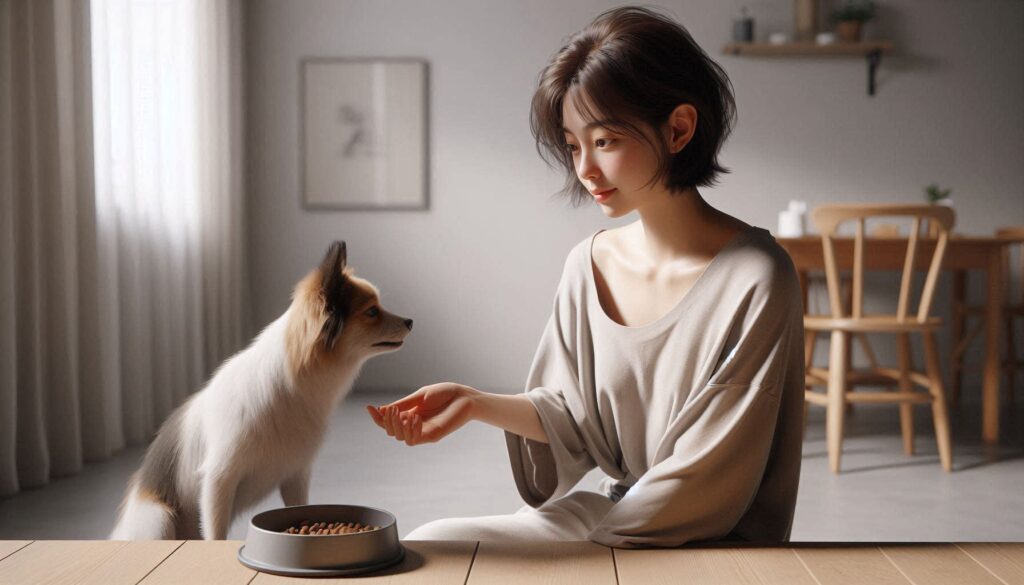강아지 사료 안 먹을 때 해결 방법을 적용하는 보호자 모습