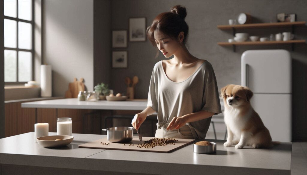 강아지 생식 사료 위험성 점검하는 급여 장면