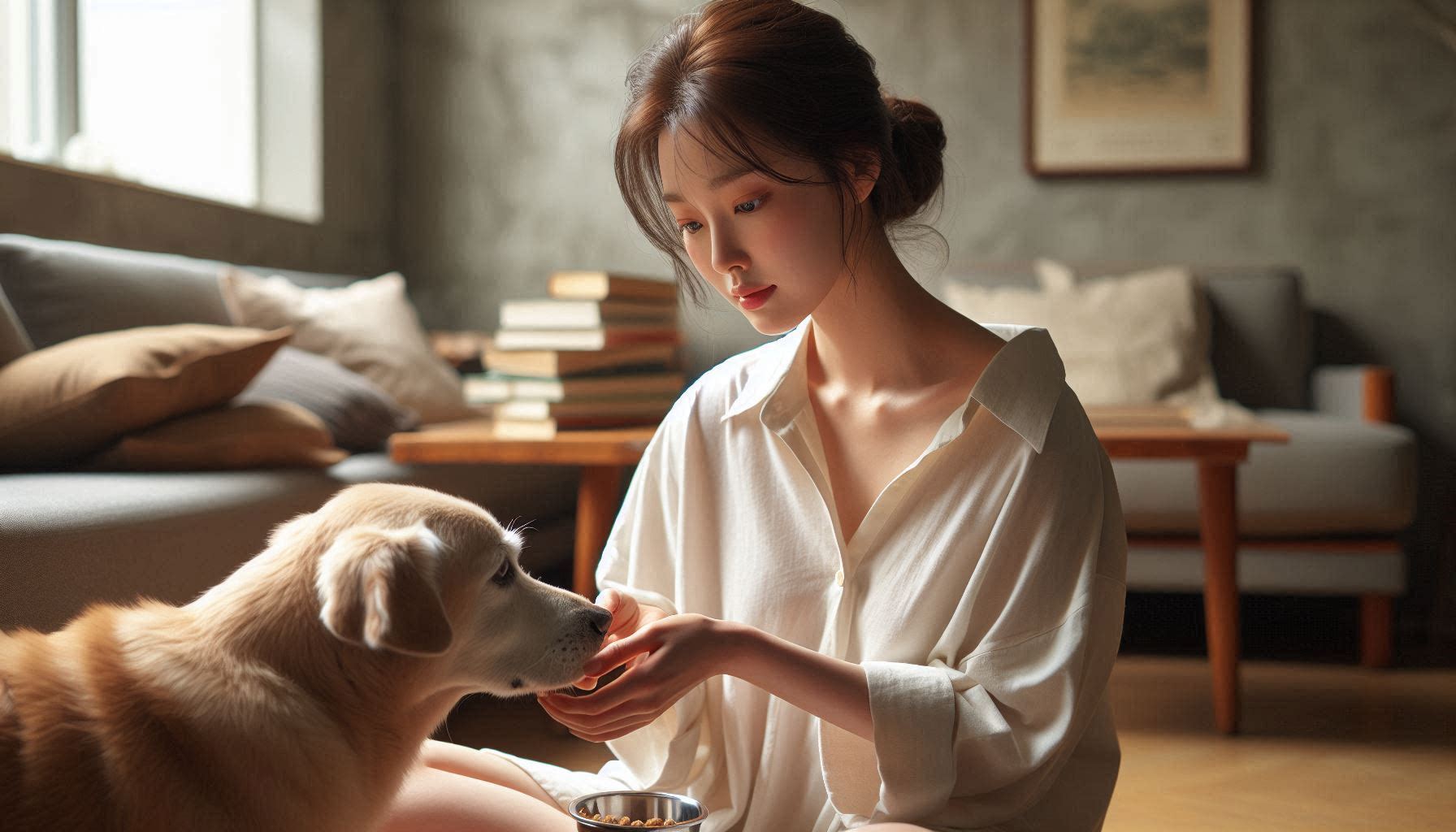 강아지 노령견 건강관리 필수 체크를 위해 관절, 체중, 치아 상태 등을 점검하는 모습