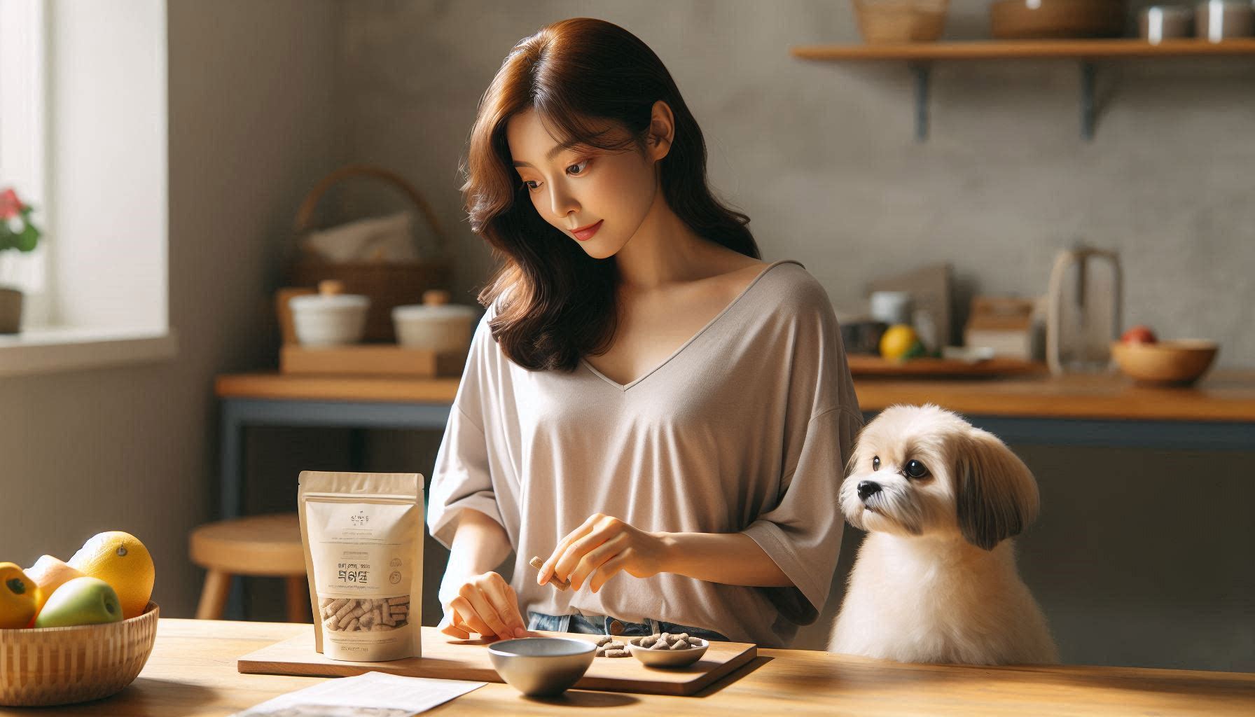 강아지 간식 추천 기준에 따라 원재료와 영양 성분을 확인하며 간식을 선택하는 모습